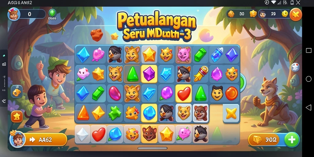 Tangkapan layar gameplay AA62 yang menampilkan keseruan mencocokkan elemen.