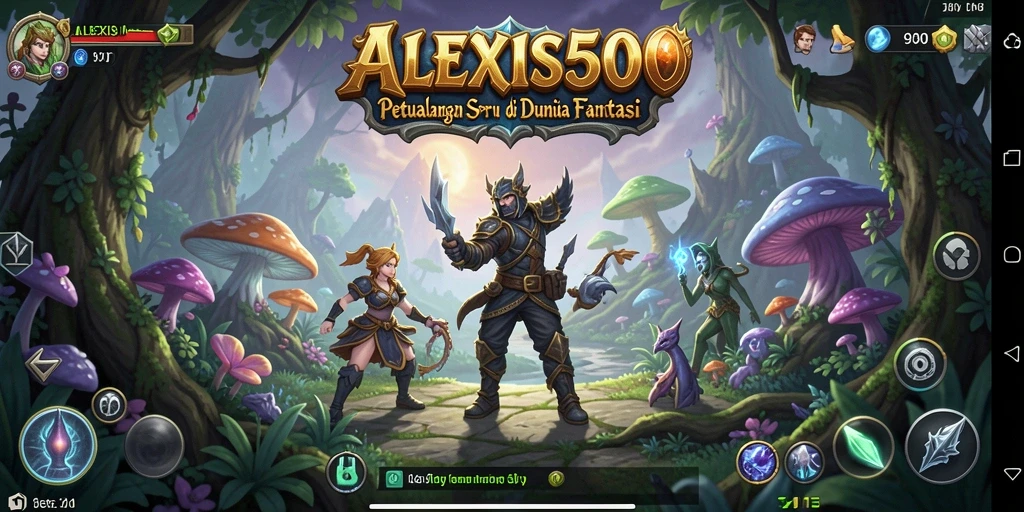 Screenshot ALEXIS500 menunjukkan pemain menjelajahi hutan misterius.