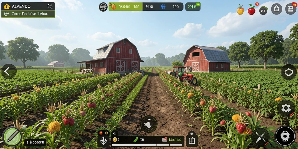Screenshot gameplay yang menampilkan pertanian yang indah dan interaksi sosial.