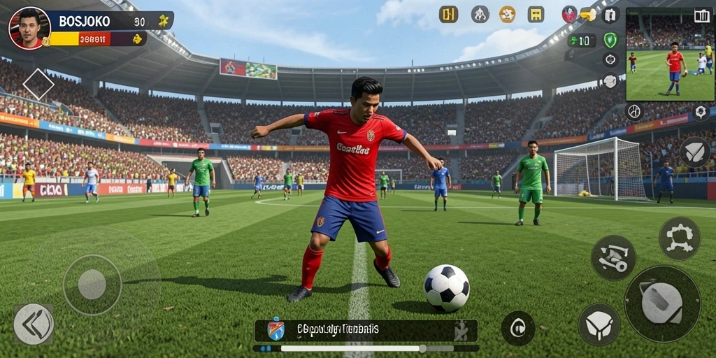 Tampilan gameplay seru di BOSJOKO dengan aksi sepak bola nyata.
