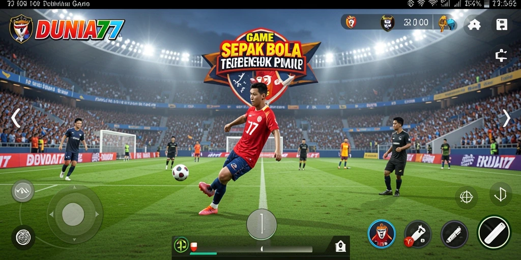 Screenshot gameplay DUNIA77 menampilkan aksi seru di lapangan sepak bola.