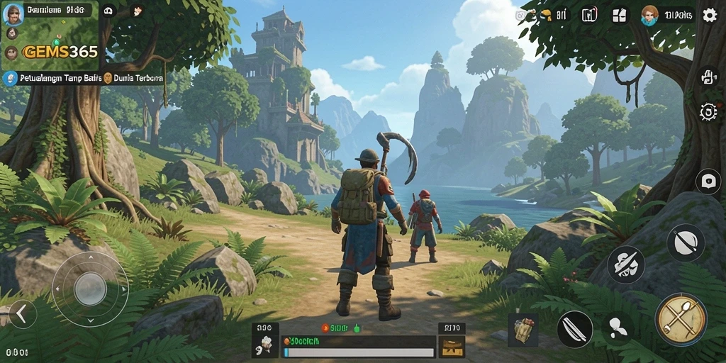 Tangkapan layar dari gameplay GEMS365 yang menunjukkan eksplorasi dunia terbuka.