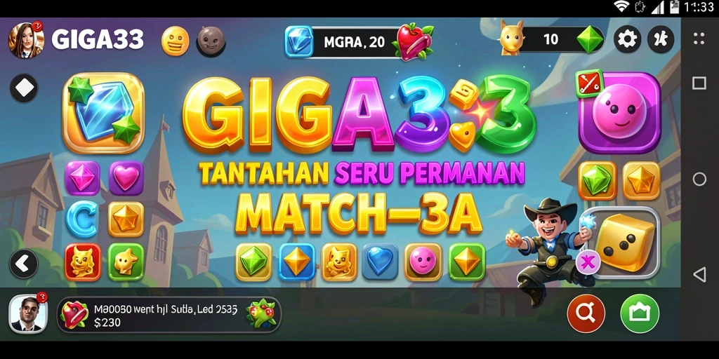 Tangkapan layar GIGA33 menunjukkan permainan Match-3 yang penuh warna dan seru.
