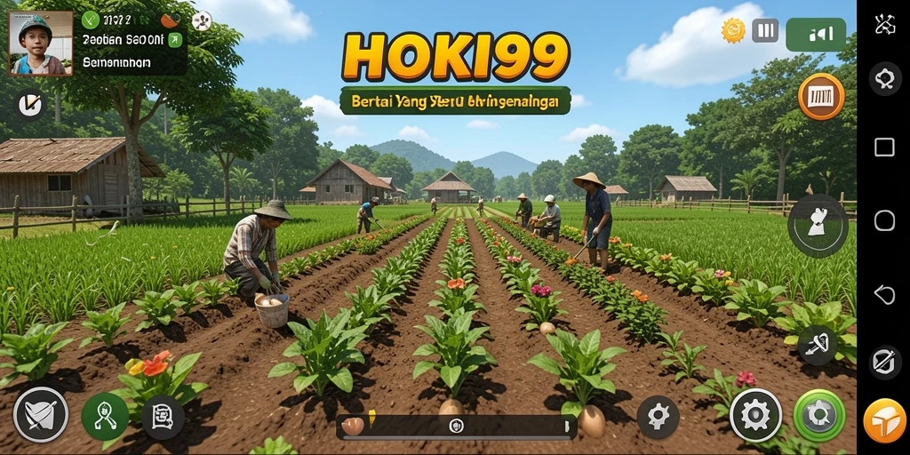 Tampilan gameplay HOKI99 yang menampilkan kebun yang subur dan aktivitas pertanian.
