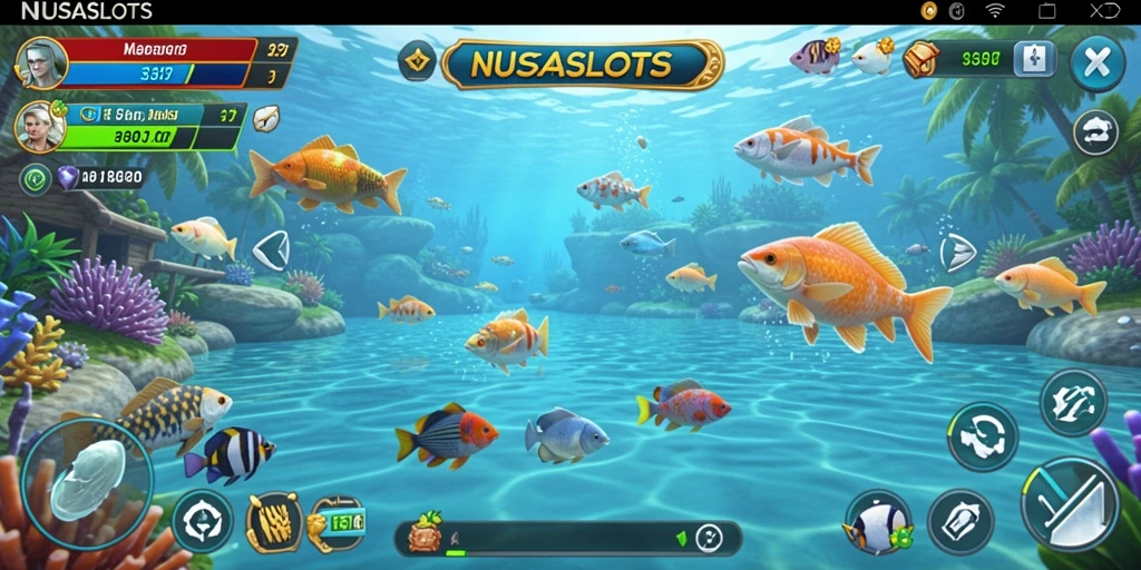 Tampilan gameplay NUSASLOTS dengan ikan yang berwarna-warni dalam suasana laut.